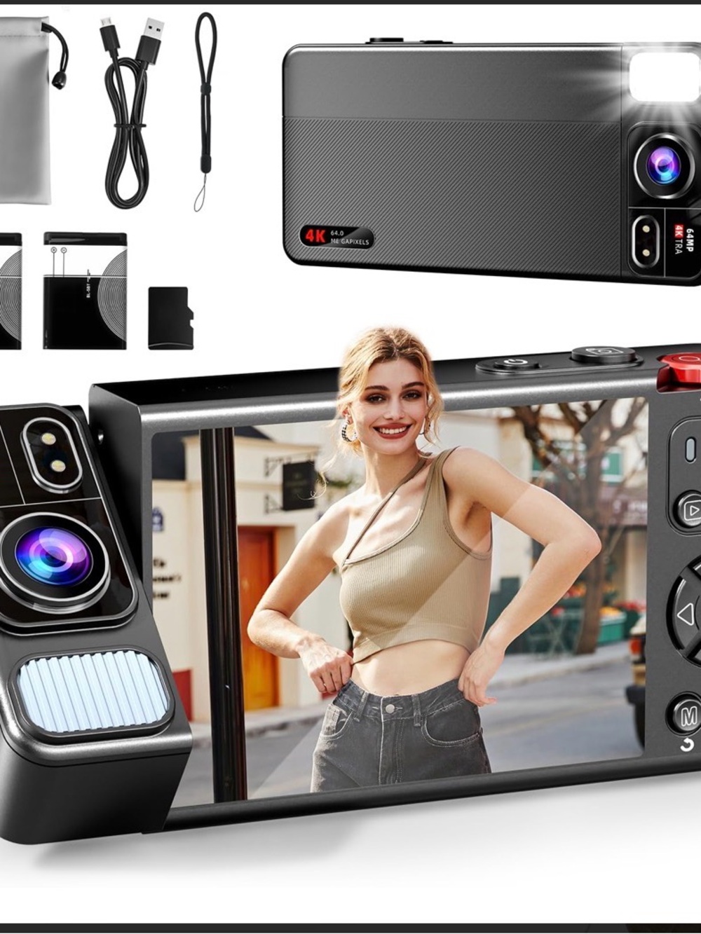 4K Dual-Lens Digital Camera with Flip Screen - Black